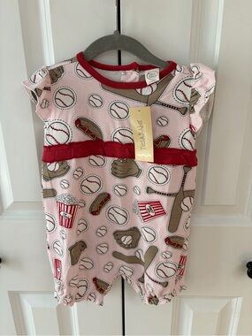 NWT Tesa Babe Pink Baseball & Snacks Romper with Red Trim 12-18m